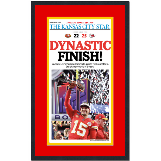 Framed Kansas City Star Chiefs Dynastic Finish Super Bowl LVIII 58 Champions 14x24 Football Newspaper Cover Photo Professionally Matted