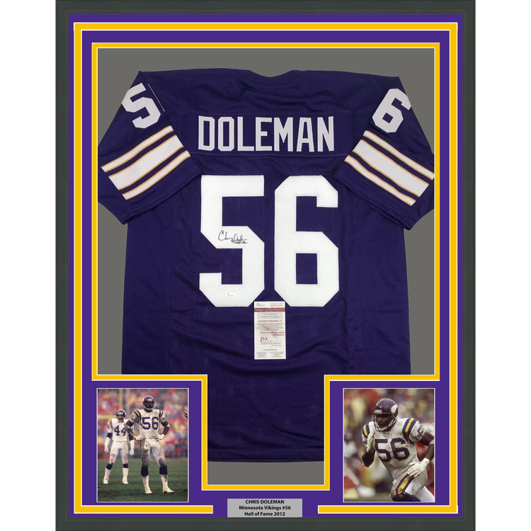 Framed Autographed/Signed Chris Doleman HOF 12 35x39 Minnesota Purple Football Jersey JSA COA