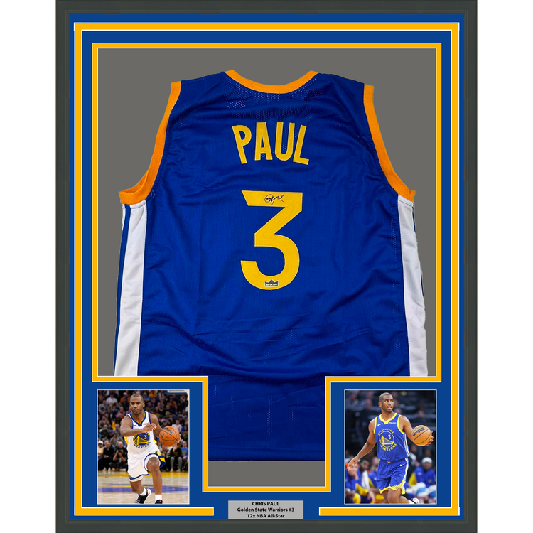 Framed Facsimile Autographed Chris Paul 35x39 Golden State Blue Reprint Laser Auto Basketball Jersey