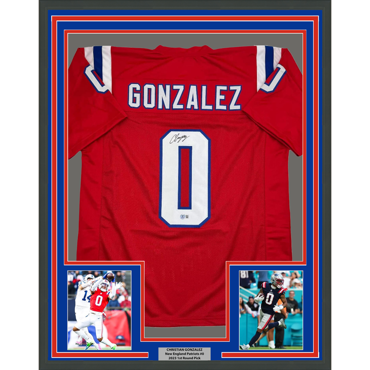 Framed Autographed/Signed Christian Gonzalez 35x39 New England Red Football Jersey Beckett BAS COA