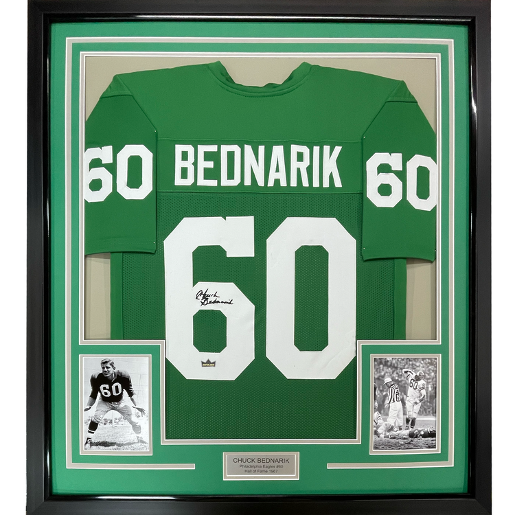 Framed Facsimile Autographed Chuck Bednarik 35x39 Philadelphia Kelly Green Reprint Laser Auto Football Jersey
