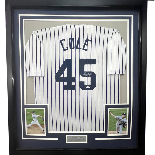 Framed Autographed/Signed Gerrit Cole 35x39 New York Pinstripe Baseball Jersey JSA COA