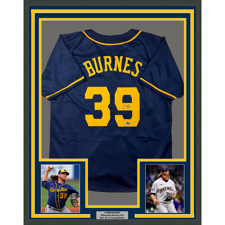 Framed Facsimile Autographed Corbin Burnes 35x39 Milwaukee Blue Reprint Laser Auto Baseball Jersey