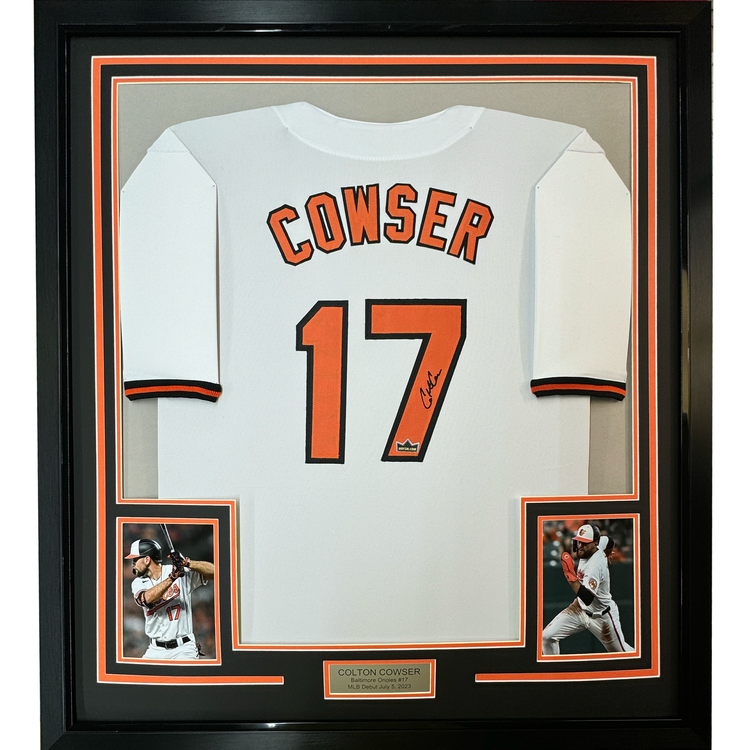 Framed Facsimile Autographed Colton Cowser 35x39 Baltimore White Reprint Laser Auto Baseball Jersey