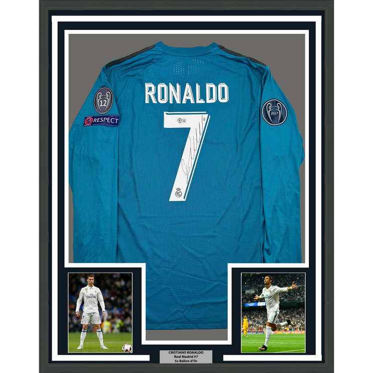 Framed Autographed/Signed Cristiano Ronaldo 35x39 Real Madrid Blue Soccer Jersey Beckett BAS COA