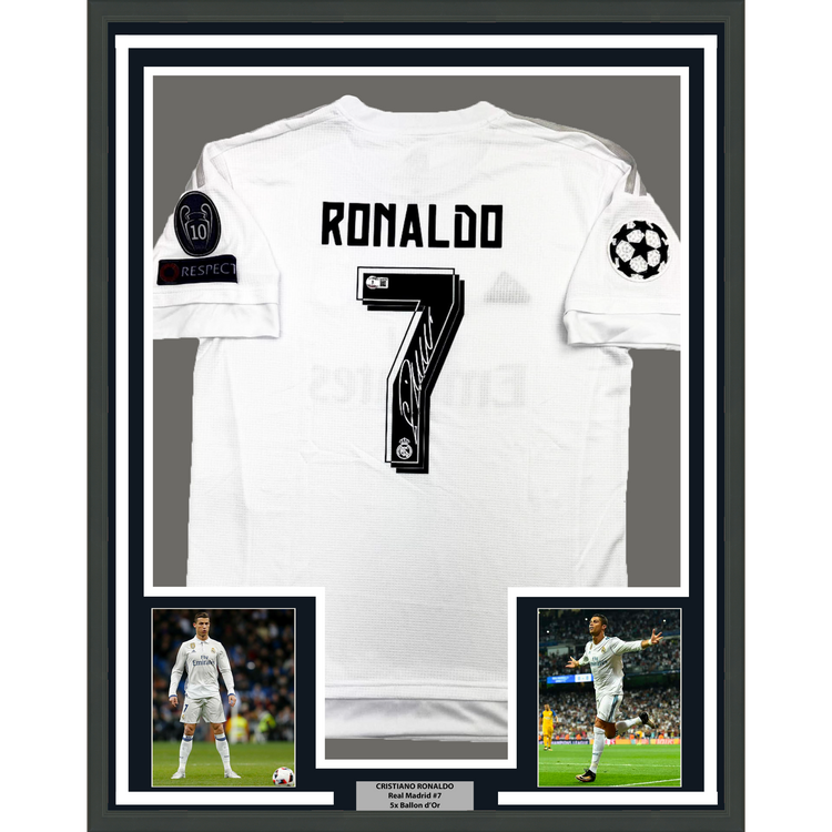 Framed Autographed/Signed Cristiano Ronaldo 35x39 Real Madrid White Soccer Jersey Beckett BAS COA