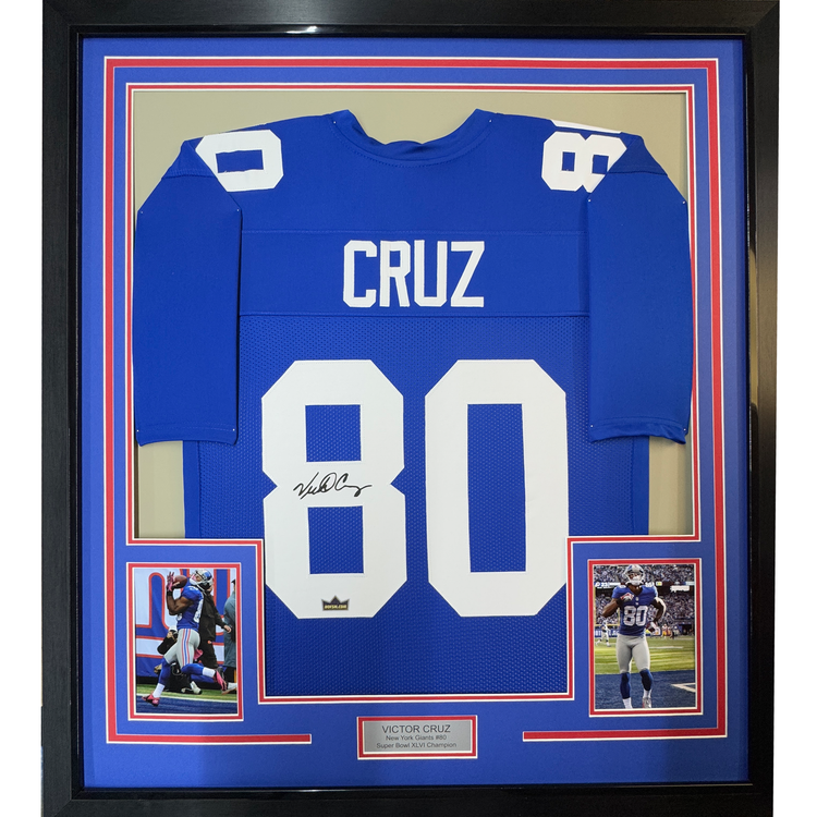 Framed Facsimile Autographed Victor Cruz 35x39 New York Blue Reprint Laser Auto Football Jersey