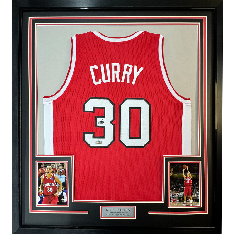Framed Facsimile Autographed Stephen Steph Curry 35x39 Davidson Red Reprint Laser Auto College Basketball Jersey