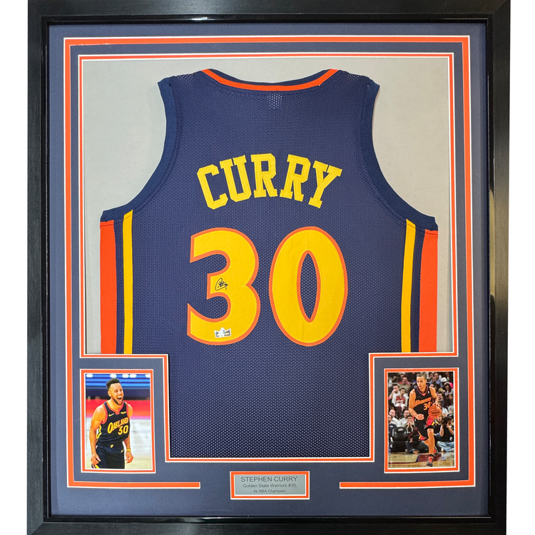 Framed Facsimile Autographed Stephen Steph Curry 35x39 Golden State Navy Blue Retro Rookie Reprint Laser Auto Basketball Jersey