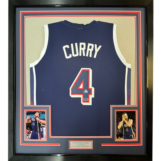 Framed Facsimile Autographed Stephen Steph Curry 35x39 2024 United States Team USA Blue Reprint Laser Auto Basketball Jersey