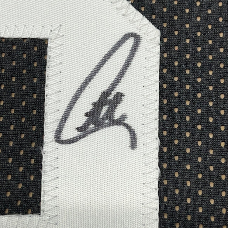Framed Autographed/Signed Stephen Steph Curry 35x39 Golden State Black Basketball Jersey JSA COA