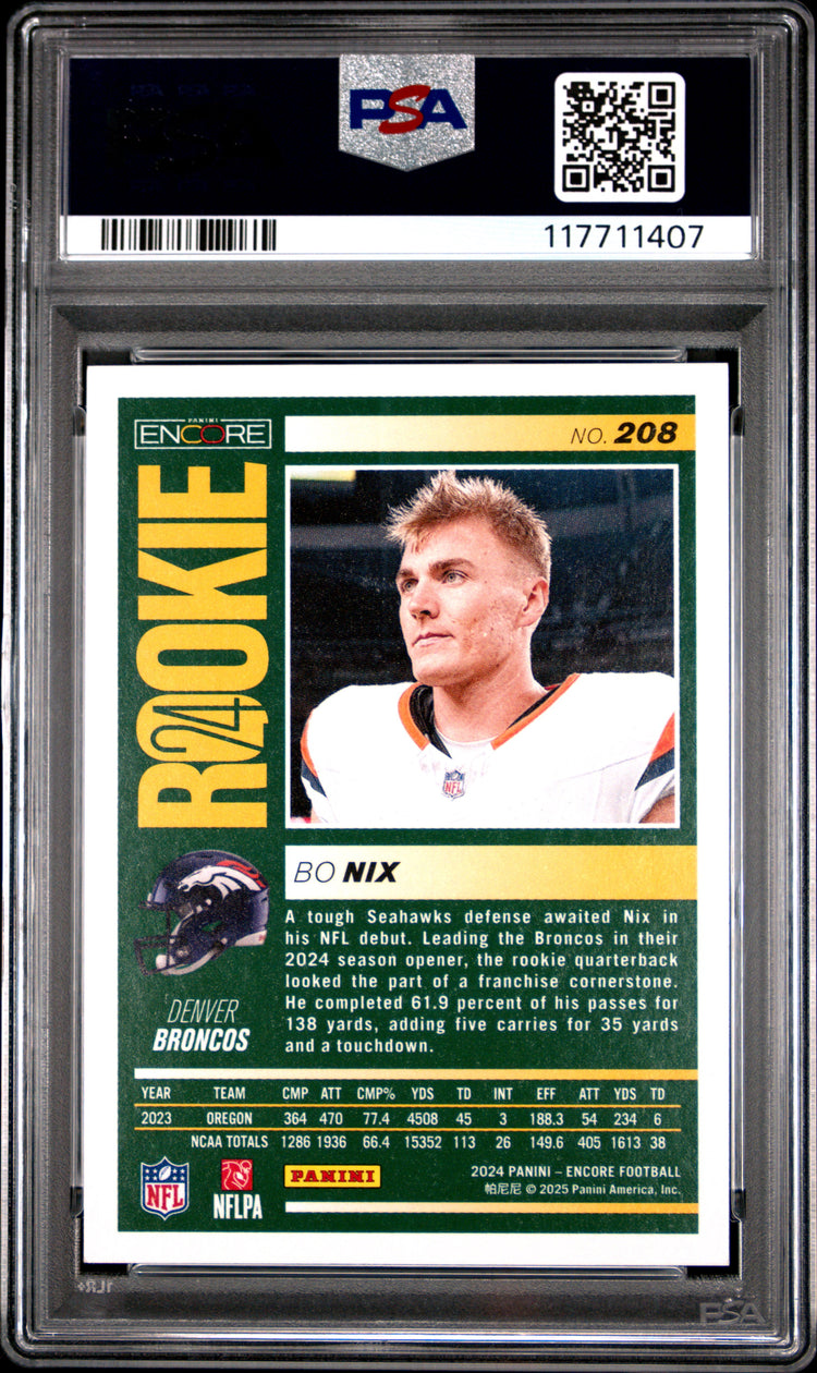 Graded 2024 Panini Encore Bo Nix #208 Rookie RC Football Card PSA 9 Mint