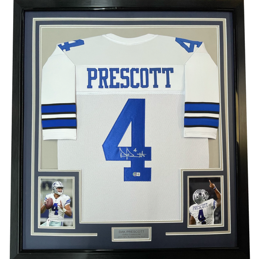 Framed Autographed/Signed Dak Prescott 35x39 Dallas White Football Jersey Beckett BAS COA