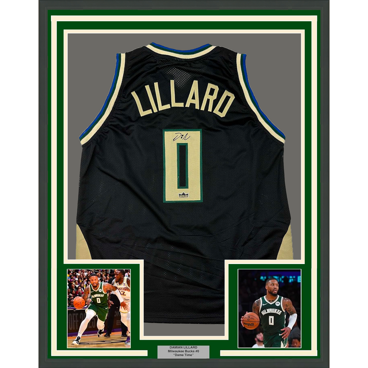 Framed Facsimile Autographed Damian Lillard 35x39 Milwaukee Black Reprint Laser Auto Basketball Jersey