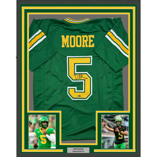 Framed Facsimile Autographed Dante Moore 35x39 Oregon Green Reprint Laser Auto College Football Jersey