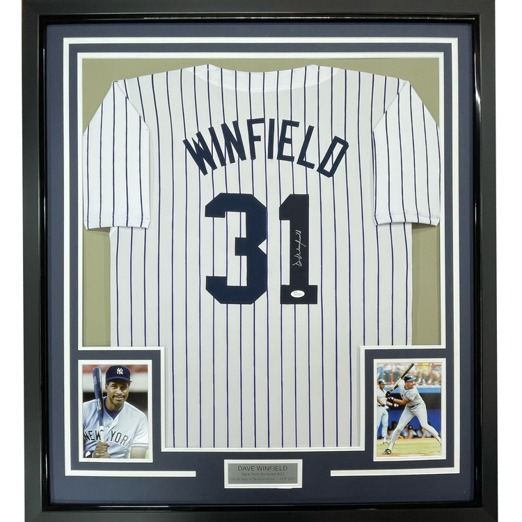 Framed Autographed/Signed Dave Winfield 35x39 New York Pinstripe Baseball Jersey JSA COA