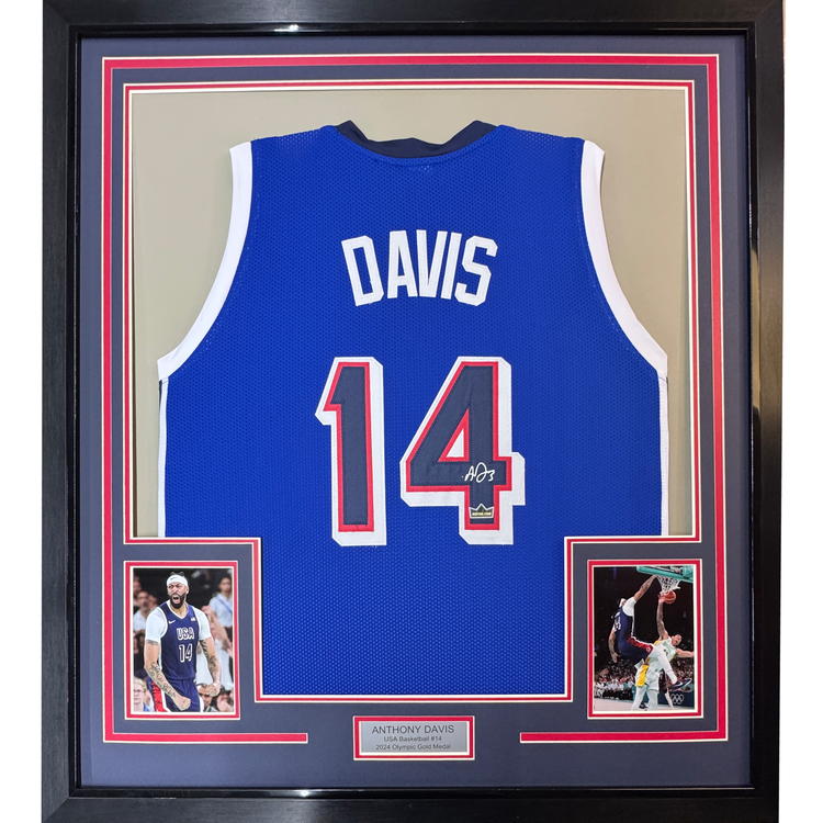 Framed Facsimile Autographed Anthony Davis 35x39 2024 United States Team USA Blue Reprint Laser Auto Basketball Jersey