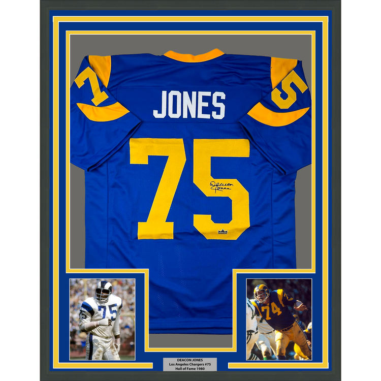 Framed Facsimile Autographed Deacon Jones 35x39 Los Angeles LA Royal Blue Retro Reprint Laser Auto Football Jersey
