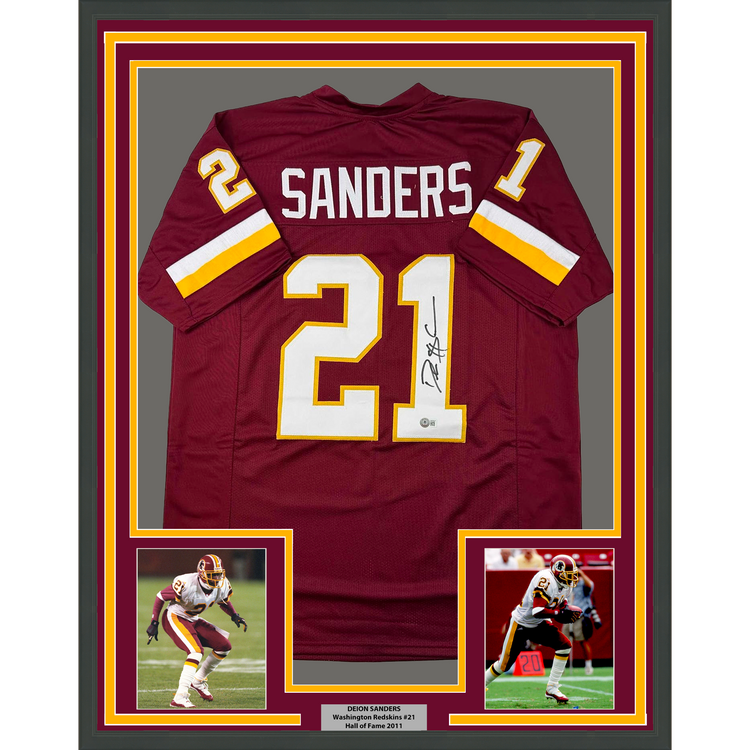 Framed Autographed/Signed Deion Sanders 35x39 Washington Burgundy Football Jersey Beckett BAS COA