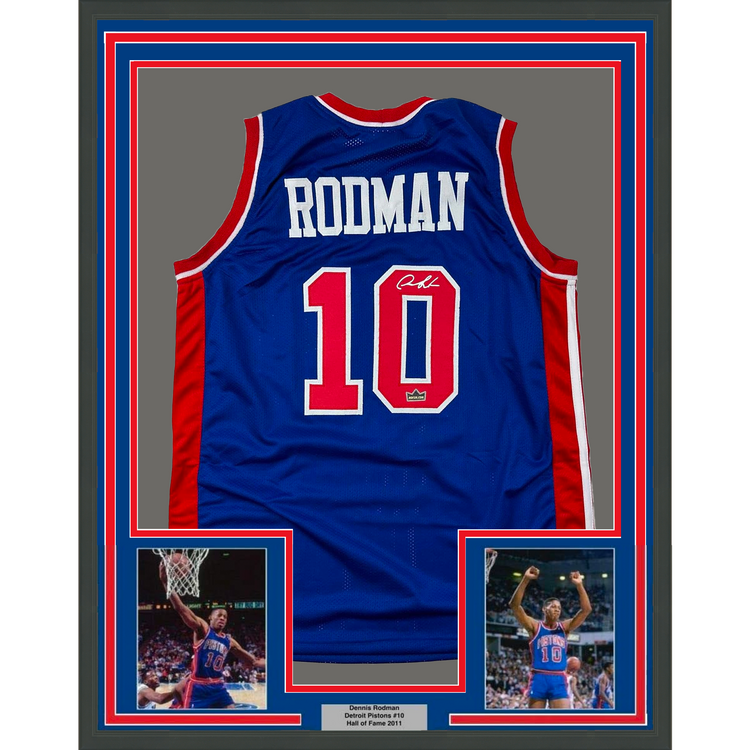 Framed Facsimile Autographed Dennis Rodman 35x39 Detroit Blue Reprint Laser Auto Basketball Jersey
