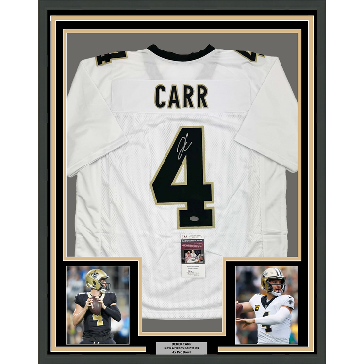 Framed Autographed/Signed Derek Carr 35x39 New Orleans White Football Jersey JSA COA