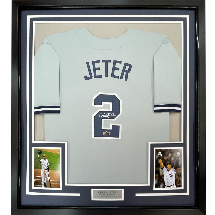 Framed Facsimile Autographed Derek Jeter 35x39 New York Grey Reprint Laser Auto Baseball Jersey