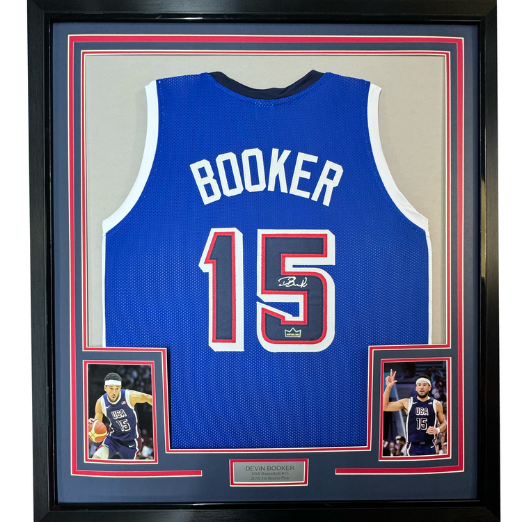 Framed Facsimile Autographed Devin Booker 35x39 2024 United States Team USA Blue Reprint Laser Auto Basketball Jersey
