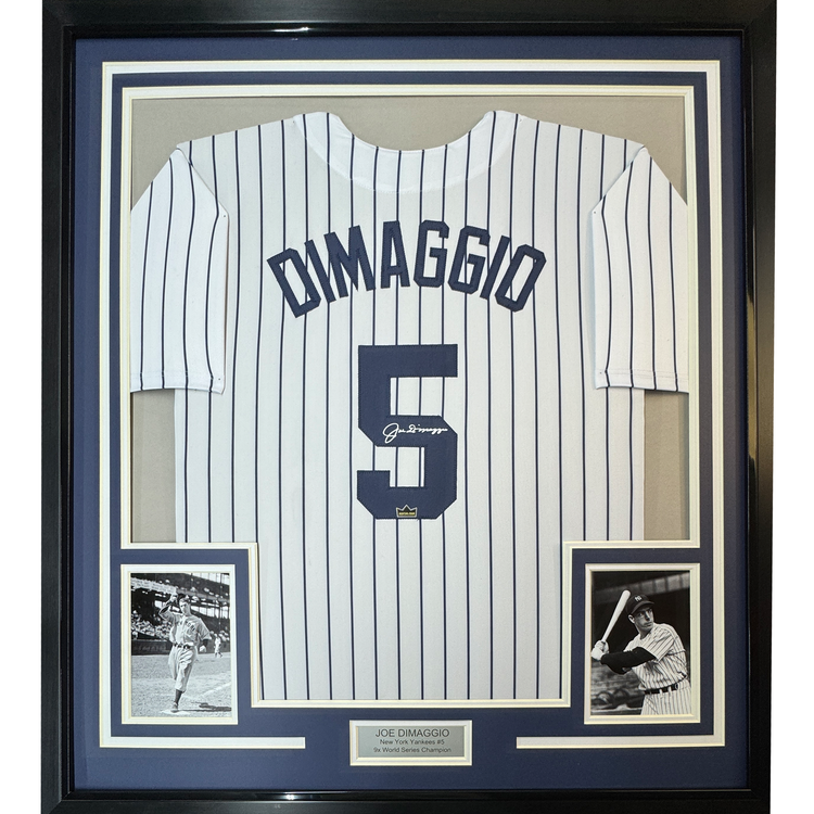 Framed Facsimile Autographed Joe DiMaggio 35x39 New York Pinstripe Reprint Laser Auto Baseball Jersey