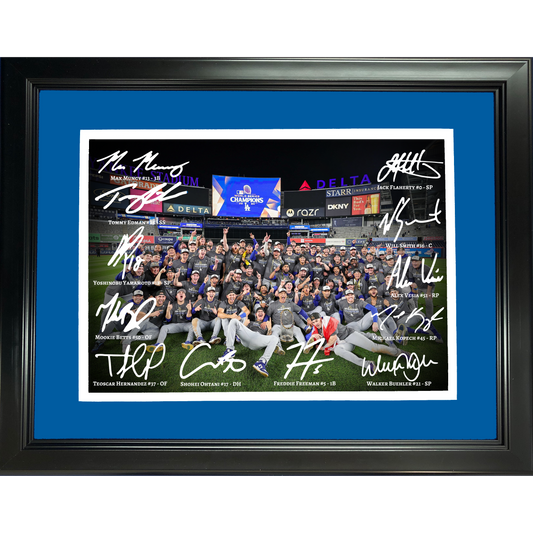 Framed Los Angeles Dodgers 2024 World Series Champions Field Celebration Facsimile Signature Team Auto 11''x14'' Baseball Photo