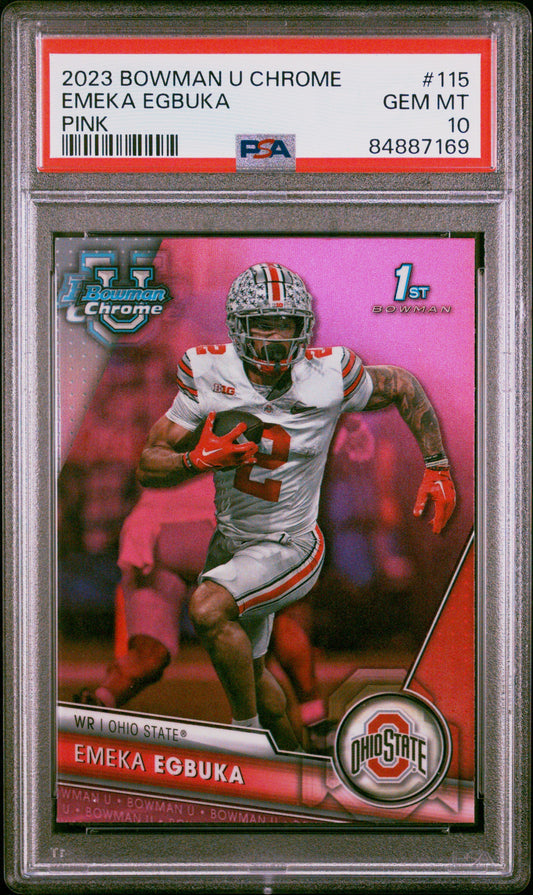 Graded 2023 Topps Bowman U Chrome Emeka Egbuka #115 Pink Rookie RC Football Card PSA 10 Gem Mint
