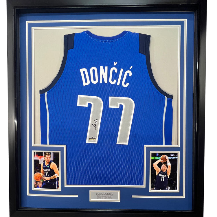 Framed Facsimile Autographed Luka Doncic 35x39 Dallas Blue Reprint Laser Auto Basketball Jersey