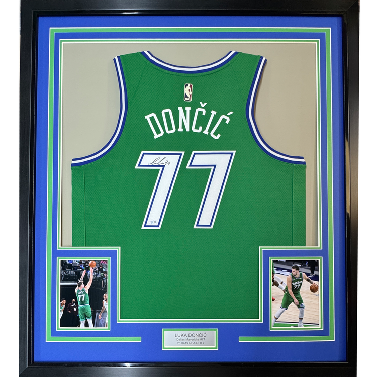 Framed Autographed/Signed Luka Doncic 35x39 Dallas Mavericks Green Authentic Basketball Jersey Fanatics COA