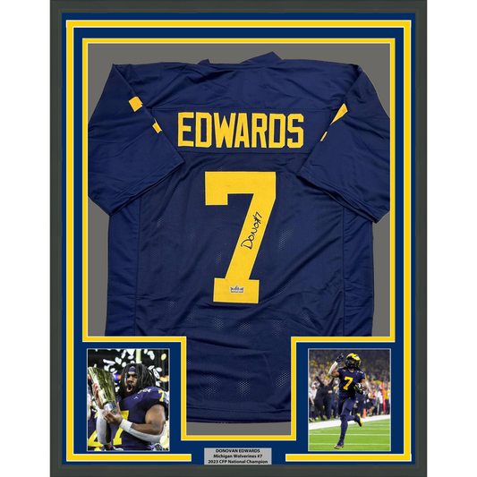 Framed Facsimile Autographed Donovan Edwards 35x39 Michigan Blue Reprint Laser Auto College Football Jersey