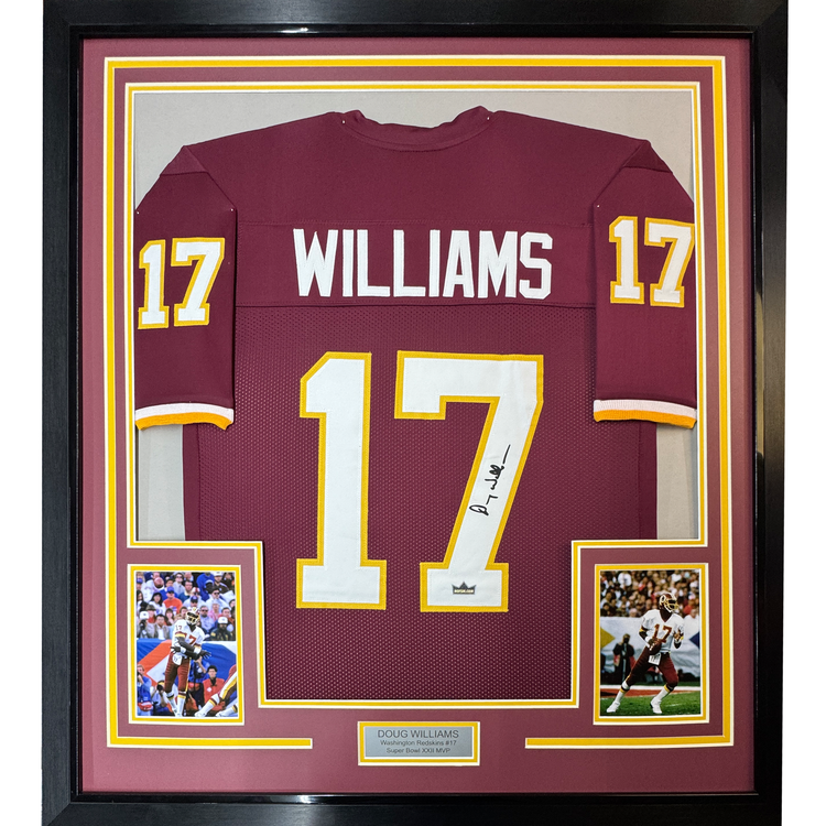Framed Facsimile Autographed Doug Williams 35x39 Washington Red Reprint Laser Auto Football Jersey