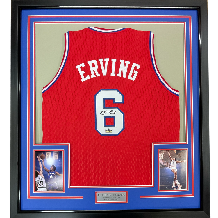 Framed Facsimile Autographed Julius Dr. J Erving 35x39 Philadelphia Red Reprint Laser Auto Basketball Jersey