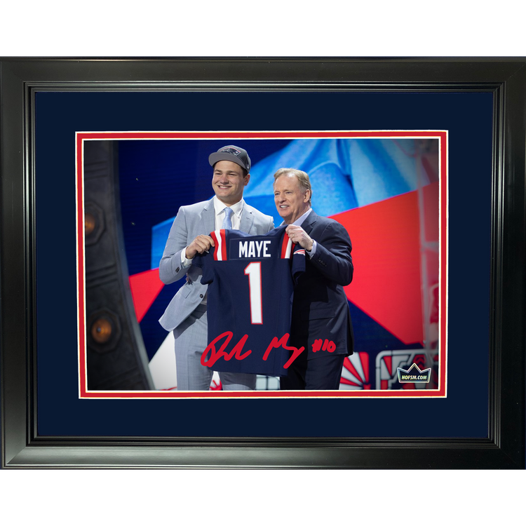 Framed Drake Maye Draft Facsimile Laser Engraved Signature Auto New England Patriots 11"x14" Football Photo HOFSM Holo