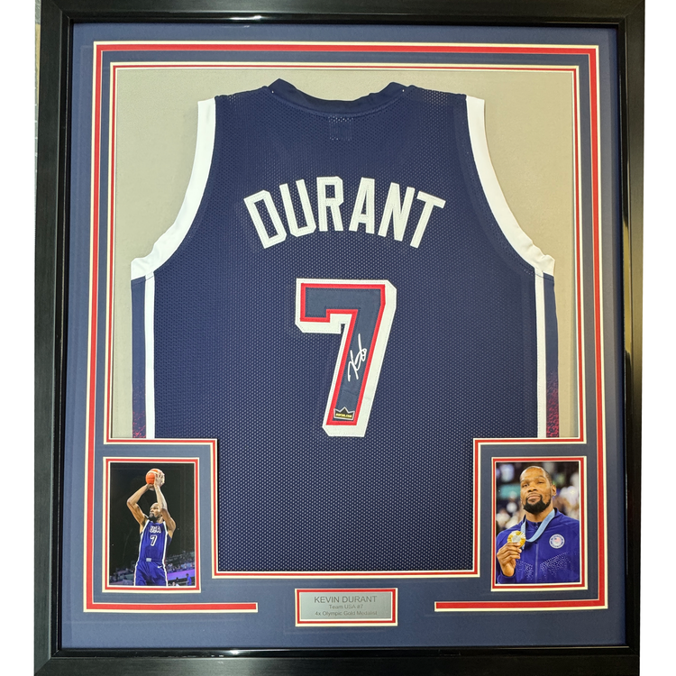 Framed Facsimile Autographed Kevin Durant 35x39 2024 United States Team USA Blue Reprint Laser Auto Basketball Jersey