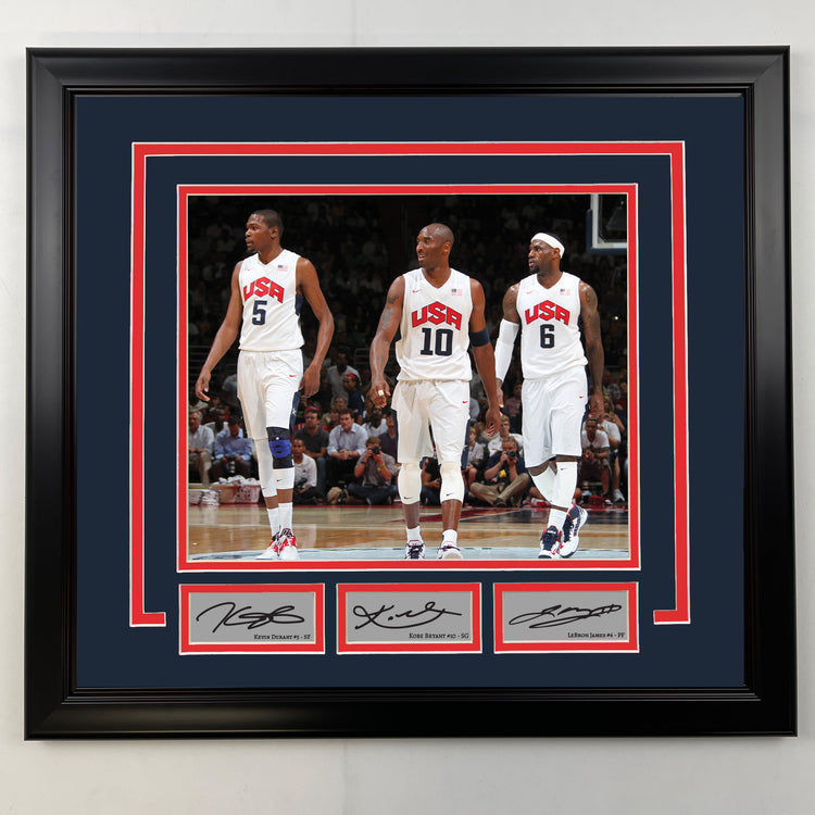 Framed Kevin Durant, Kobe Bryant and LeBron James Facsimile Laser Engraved Signatures USA 19x21 Basketball Photo