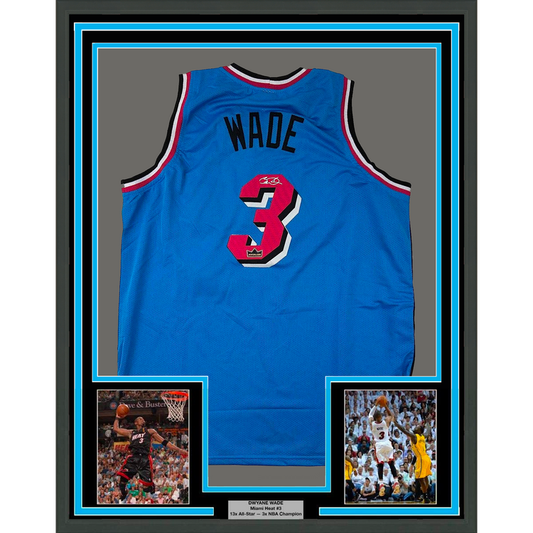 Framed Facsimile Autographed Dwyane Wade 35x39 Miami Blue Vice City Reprint Laser Auto Basketball Jersey