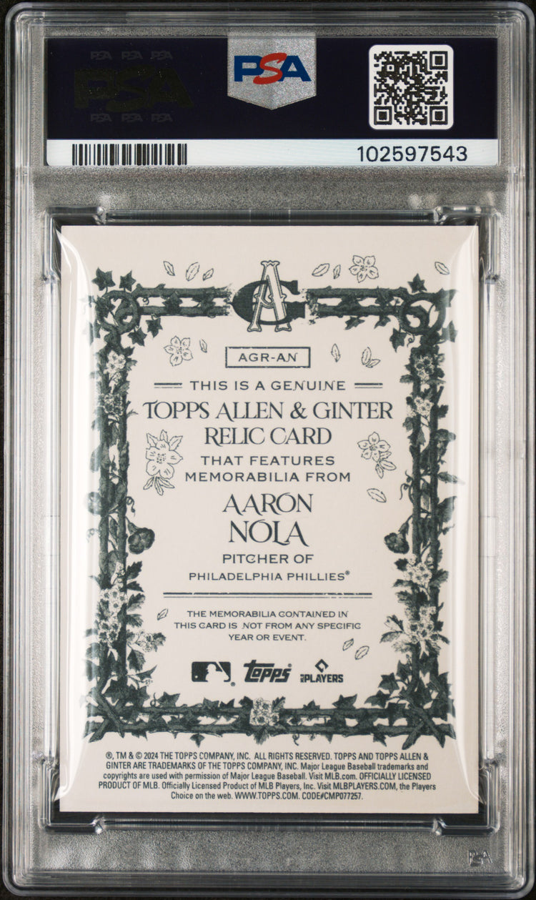 Graded 2024 Topps Allen & Ginter Aaron Nola #AGRAN Relic B Baseball Card PSA 10 Gem Mint