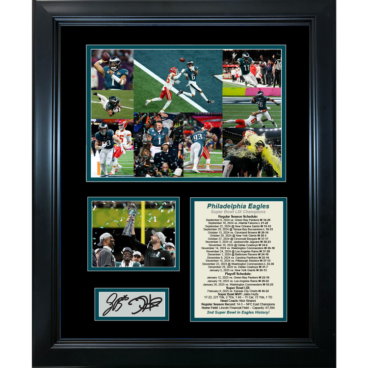 Framed Philadelphia Eagles Super Bowl LIX 59 Champions Saquon Barkley Jalen Hurts Facsimile Laser Engraved Signature Auto Football 11"x14"Photo Sig Collage