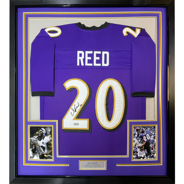 Framed Facsimile Autographed Ed Reed 35x39 Baltimore Purple Reprint Laser Auto Football Jersey Size Men's XL