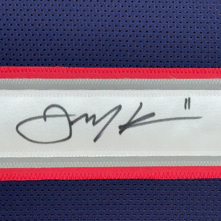 Framed Autographed/Signed Julian Edelman 35x39 New England Blue Football Jersey JSA COA