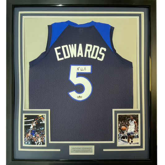 Framed Facsimile Autographed Anthony Edwards 35x39 Minnesota Blue Reprint Laser Auto Basketball Jersey