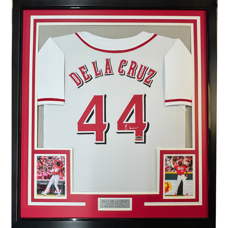 Framed Facsimile Autographed Elly De La Cruz 35x39 Cincinnati White Reprint Laser Auto Baseball Jersey