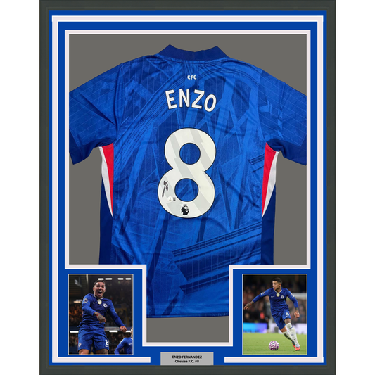 Framed Autographed/Signed Enzo Fernandez 35x39 Chelsea FC Blue Soccer Futbol Jersey Beckett BAS COA