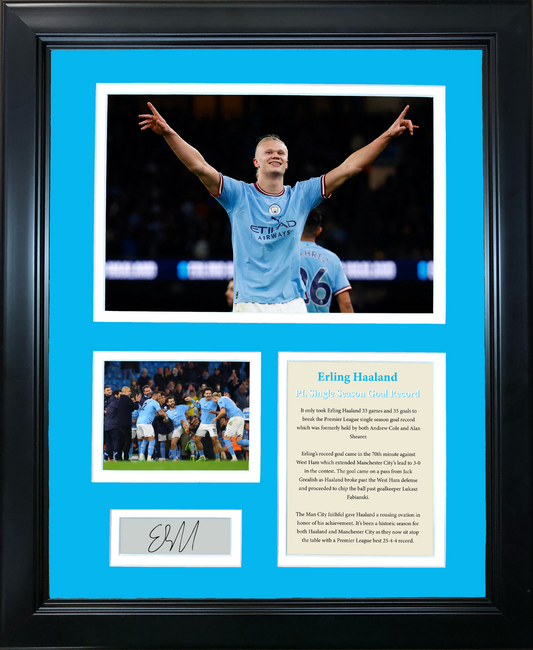 Framed Erling Haaland Premier League Single Season Goal Record Facsimile Laser Engraved Signature Auto Manchester City Soccer Futbol 11"x14" Photo Sig Collage