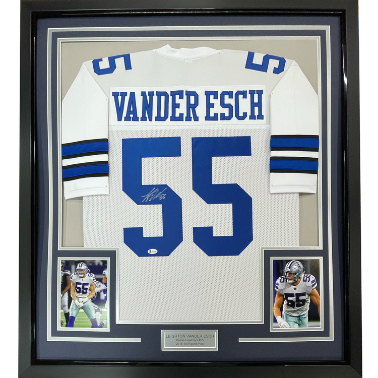 Framed Autographed/Signed Leighton Vander Esch 35x39 Dallas White Football Jersey JSA COA