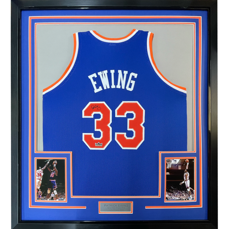 Framed Facsimile Autographed Patrick Ewing 35x39 New York Blue Reprint Laser Auto Basketball Jersey