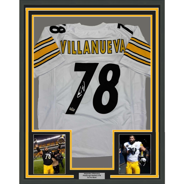 Framed Facsimile Autographed Alejandro Villanueva 35x39 Pittsburgh White Reprint Laser Auto Football Jersey